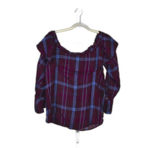 Talbots Purple Plaid Ruffle Off Shoulder Ruffle Blouse Size S